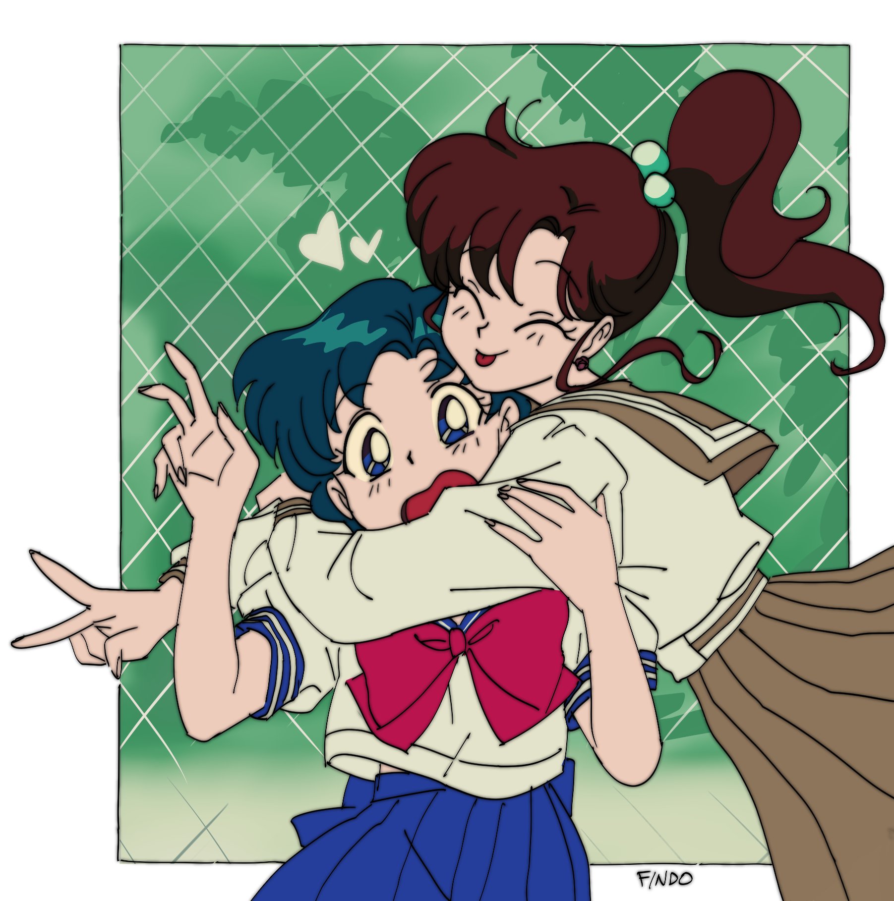 findoworld, kino makoto, mizuno ami, bishoujo senshi sailor moon, hashtag-only commentary, highres, 2girls, ^ ^, ^q^, blue eyes, blue skirt, bow, bowtie, brown hair, closed eyes, green skirt, heart, hug, multiple girls, ponytail, sailor collar, school uniform, short hair, skirt, v