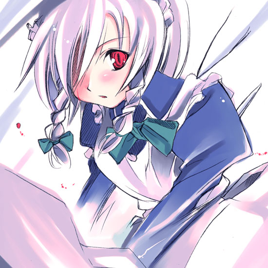 izayoi sakuya, touhou, 1girl, apron, braid, female focus, maid, solo, twin braids, white background