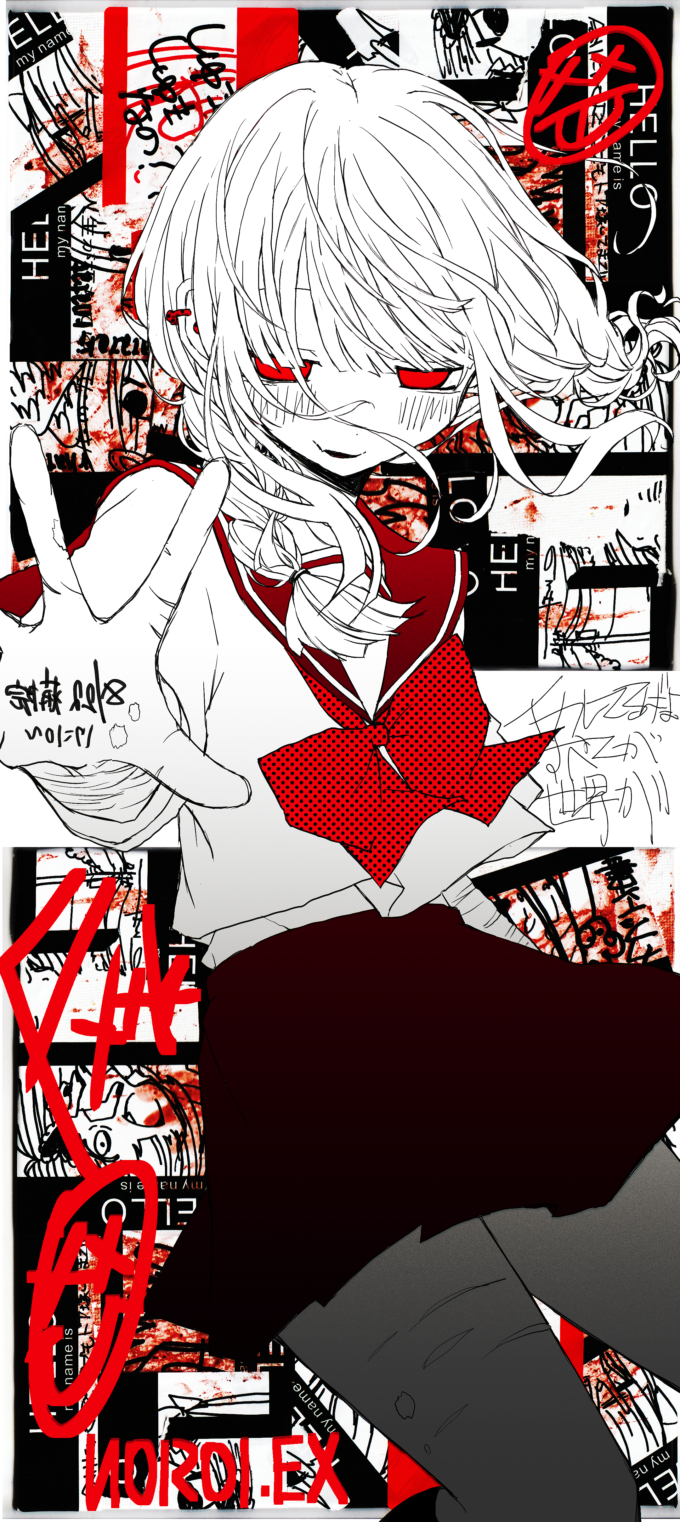 noroi (rnatataki), original, absurdres, commentary, english commentary, highres, 1girl, blood, bow, bowtie, cowboy shot, cuts, hand up, injury, looking at viewer, medium hair, miniskirt, pantyhose, parted lips, red bow, red bowtie, red eyes, red sailor collar, red theme, sailor collar, school uniform, screentones, self-harm, serafuku, skirt, solo, torn clothes, torn pantyhose