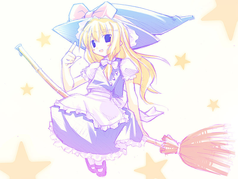 togami masaki, kirisame marisa, touhou, 1girl, black hat, black shoes, black skirt, black vest, blonde hair, blush, bow, broom, broom riding, buttons, dress, female focus, hair bow, hair ribbon, hat, hat bow, index finger raised, long hair, looking at viewer, mary janes, open mouth, ribbon, shirt, shoes, short sleeves, sidesaddle, skirt, smile, solo, star (symbol), star symbol background, tress ribbon, vest, white background, white shirt, witch, witch hat