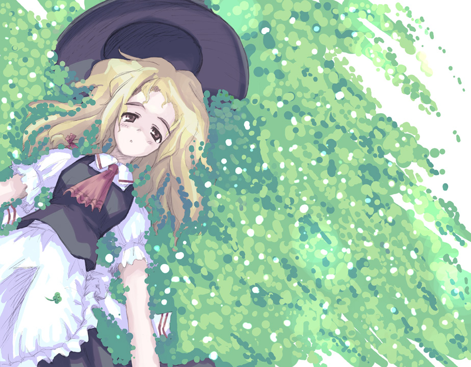 takanashi akihito, kirisame marisa, touhou, eyebrows, 1girl, black hat, blonde hair, clover, female focus, field, four-leaf clover, frills, hat, lying, solo, unworn hat, unworn headwear, witch, witch hat, yellow eyes