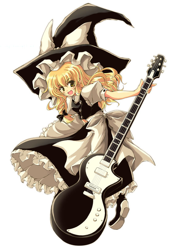 tooya, touya (the-moon), kirisame marisa, touhou, 1girl, black hat, blonde hair, buttons, dress, electric guitar, female focus, guitar, hair ribbon, hat, instrument, long hair, music, ribbon, simple background, solo, tress ribbon, white background, witch, witch hat, yellow eyes
