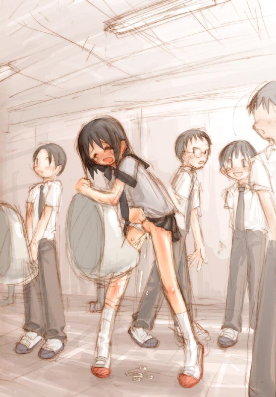 gouchin (nyou-tou), original, 1girl, 4boys, bathroom, clothes lift, clothing aside, embarrassed, lifting own clothes, loli, multiple boys, panties, panties aside, pantyshot, pee, peeing, peeing together, public restroom, pussy, school uniform, serafuku, shoes, sketch, skirt, skirt lift, standing, tiptoes, toilet, toilet use, underwear, upskirt, urinal, urinal use, uwabaki