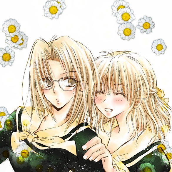naitou shouko, takeshima tsutako, maria-sama ga miteru, hand on shoulder, 00s, 2girls, brown eyes, brown hair, closed eyes, daisy (flower), flower, glasses, multiple girls, school uniform, serafuku, short hair, shouko, simple background, white background