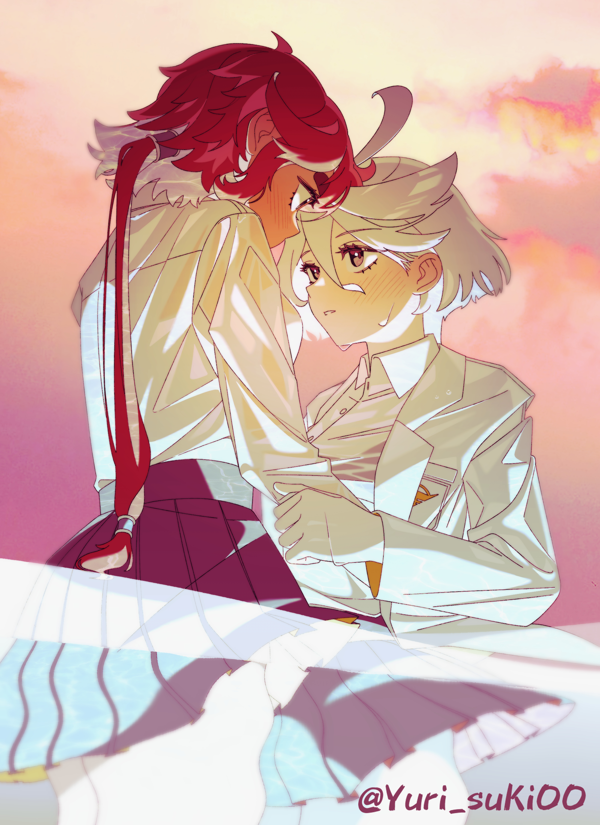 yurisuki00, miorine rembran, suletta mercury, gundam, gundam suisei no majo, absurdres, commentary, highres, 2girls, blazer, blush, collared shirt, grey eyes, grey skirt, hand on another's waist, jacket, long hair, looking at another, multiple girls, outdoors, parted lips, pleated skirt, ponytail, red hair, school uniform, shirt, skirt, sunset, sweat, thick eyebrows, white hair, white jacket, white shirt, yuri