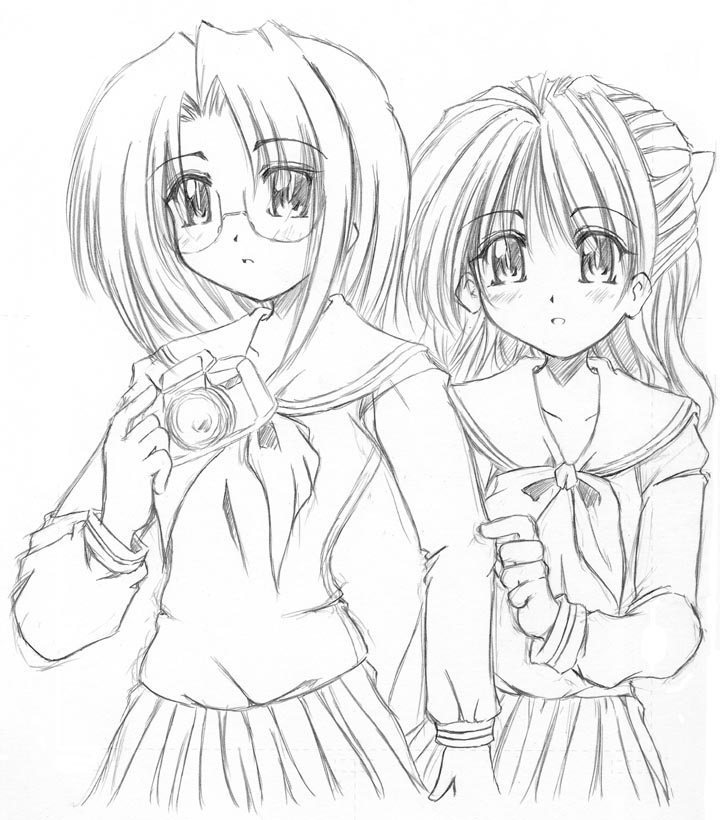 naitou shouko, takeshima tsutako, maria-sama ga miteru, 00s, camera, greyscale, monochrome, pleated skirt, school uniform, serafuku, shouko, skirt