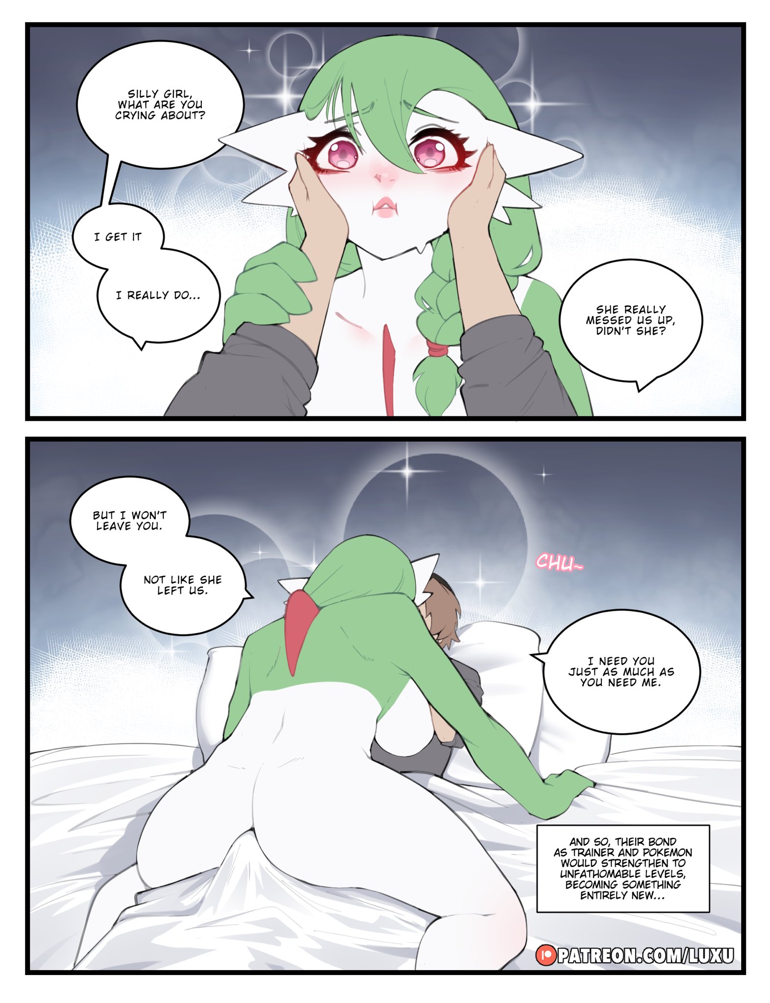 luxu, daisy (luxu), gardevoir, nintendo, pokemon, highres, 1boy, artist name, ass, bed, bed sheet, blush, braid, braided ponytail, colored skin, erection under blanket, gen 3 pokemon, girl on top, green hair, green skin, hands on another's cheeks, hands on another's face, kiss, long hair, multicolored skin, on bed, patreon username, pillow, pink eyes, pokemon (creature), pokephilia, sparkle, speech bubble, two-tone skin, white skin
