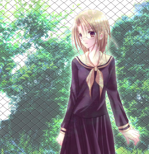 takeshima tsutako, maria-sama ga miteru, lowres, 00s, 1girl, female focus, head tilt, pleated skirt, school uniform, serafuku, skirt, solo