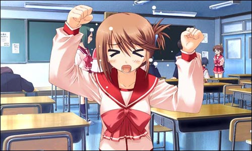 amazuyu tatsuki, mitsumi misato, komaki manaka, to heart (series), to heart 2, lights, game cg, lowres, > <, 00s, 3boys, 5girls, :o, arm support, arms behind back, black hair, black socks, blush, bow, brown hair, ceiling, chain, chalkboard, classroom, clenched hands, closed eyes, desk, door, folded ponytail, gakuran, hair ribbon, hands up, high ponytail, indoors, kneehighs, long sleeves, multiple boys, multiple girls, open mouth, parted bangs, pleated skirt, ponytail, profile, raised eyebrow, ribbon, school, school desk, school uniform, serafuku, shoes, short hair, shouting, sitting, skirt, socks, standing, tantrum, upper body, uwabaki, window