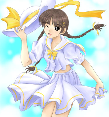 pure-c, shimazu yoshino, maria-sama ga miteru, lowres, 00s, 1girl, brown hair, female focus, hair ornament, hair ribbon, hairclip, hat, one eye closed, ribbon, shirt, short twintails, skirt, solo, tress ribbon, twintails