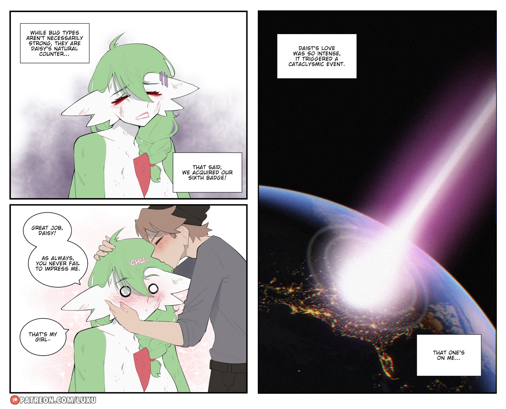 luxu, daisy (luxu), gardevoir, nintendo, pokemon, highres, 1boy, 1girl, artist name, black hat, blush, braid, braided ponytail, brown hair, closed eyes, colored skin, gen 3 pokemon, green hair, green skin, hat, kiss, long hair, multicolored skin, patreon username, pokemon (creature), speech bubble, two-tone skin, white skin