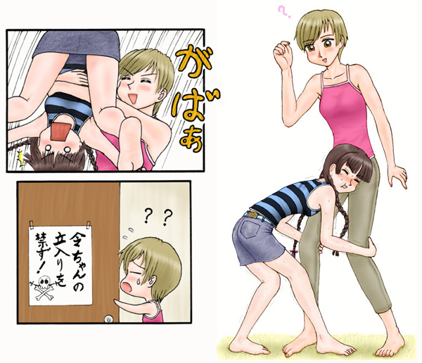 pure-c, hasekura rei, shimazu yoshino, maria-sama ga miteru, 00s, 2girls, ?, barefoot, comic, exercising, lifting person, multiple girls, poorly drawn, silent comic, upside-down