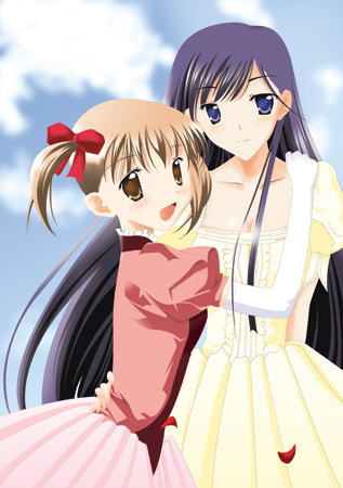 pure-c, fukuzawa yumi, ogasawara sachiko, maria-sama ga miteru, lowres, 00s, 2girls, blue eyes, blush, breasts, brown eyes, brown hair, cleavage, cloud, day, dress, gloves, hair ribbon, long hair, medium breasts, multiple girls, poorly drawn, purple hair, ribbon, small breasts, twintails, white gloves