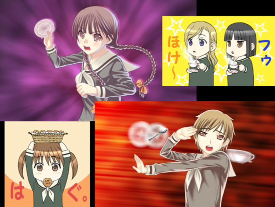 pure-c, fukuzawa yumi, hasekura rei, nijou noriko, shimazu yoshino, toudou shimako, maria-sama ga miteru, sepia background, 00s, 5girls, cup, multiple girls, purple background, red background, school uniform, spoon, star (symbol), star symbol background, teacup, yellow background