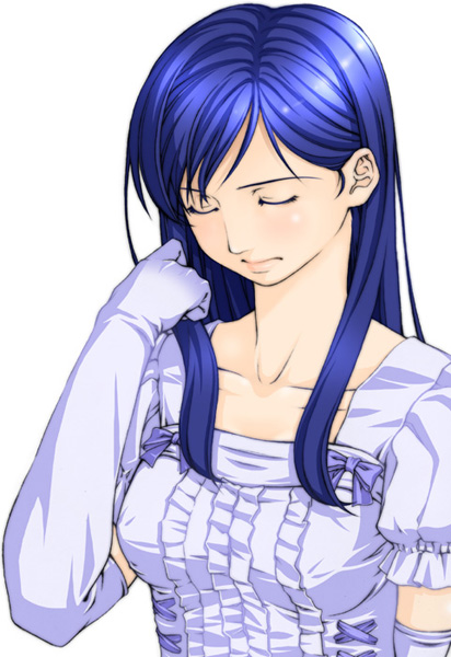 pure-c, ogasawara sachiko, maria-sama ga miteru, 00s, 1girl, adjusting hair, blue hair, bow, closed eyes, dress, female focus, gloves, long hair, puffy short sleeves, puffy sleeves, short sleeves, simple background, solo, upper body, white background, white dress, white gloves