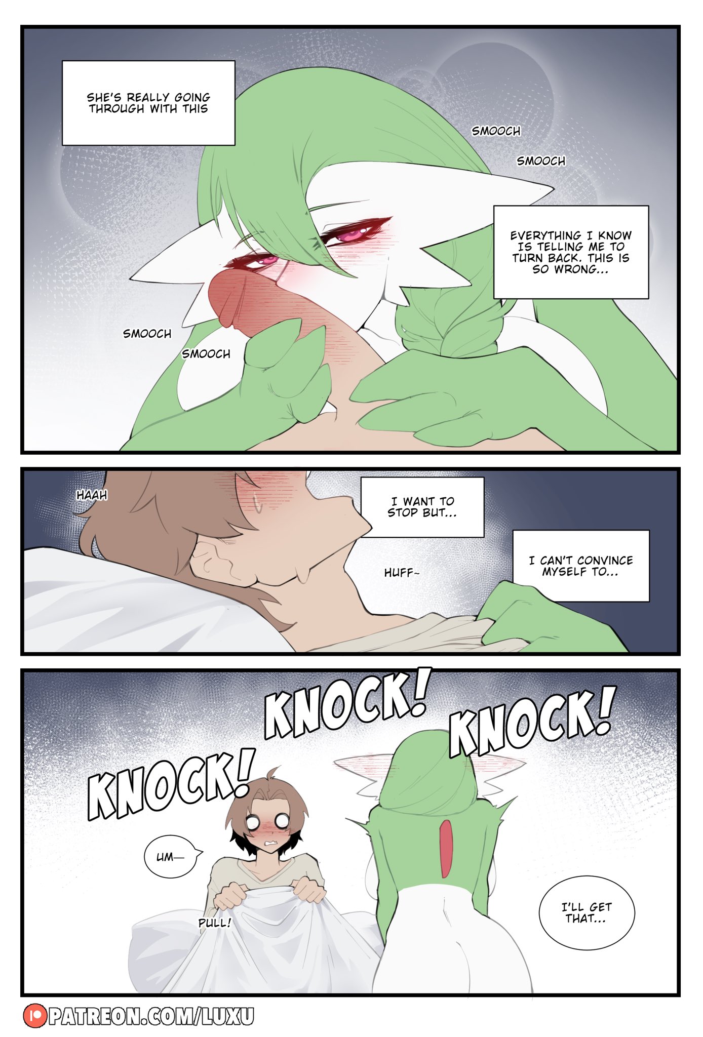luxu, daisy (luxu), gardevoir, nintendo, pokemon, highres, 1boy, 1girl, artist name, bed sheet, blush, brown hair, colored skin, fellatio, gen 3 pokemon, green hair, green skin, multicolored skin, oral, patreon username, penis, pink eyes, pokemon (creature), pokephilia, sweat, two-tone skin, white skin