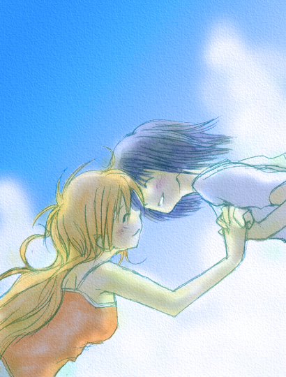 pure-c, nijou noriko, toudou shimako, maria-sama ga miteru, 00s, 2girls, black hair, blonde hair, blush, camisole, casual, closed eyes, cloud, day, falling, happy, holding hands, interlocked fingers, long hair, multiple girls, orange shirt, shirt, short hair, shy, smile, t-shirt, very long hair