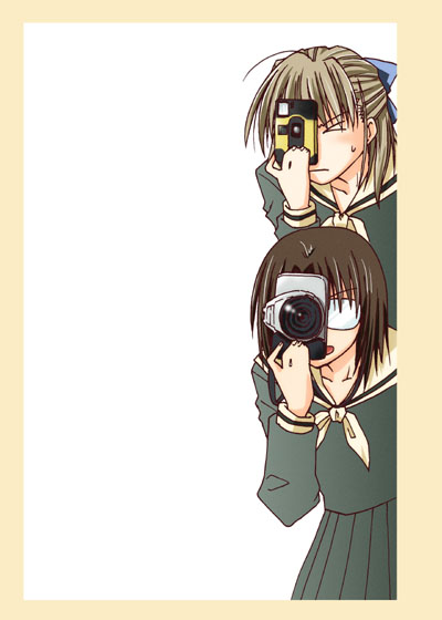 naitou shouko, takeshima tsutako, maria-sama ga miteru, 00s, 2girls, bow, brown hair, camera, collarbone, glasses, hair bow, multiple girls, opaque glasses, peeking out, school uniform, serafuku, short hair, shouko, simple background, sweatdrop