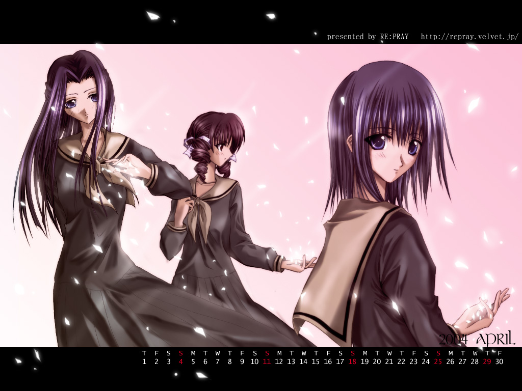 hosokawa kanako, matsudaira touko, nijou noriko, maria-sama ga miteru, 00s, 3girls, april, calendar, cherry blossoms, multiple girls, petals, watermark, web address