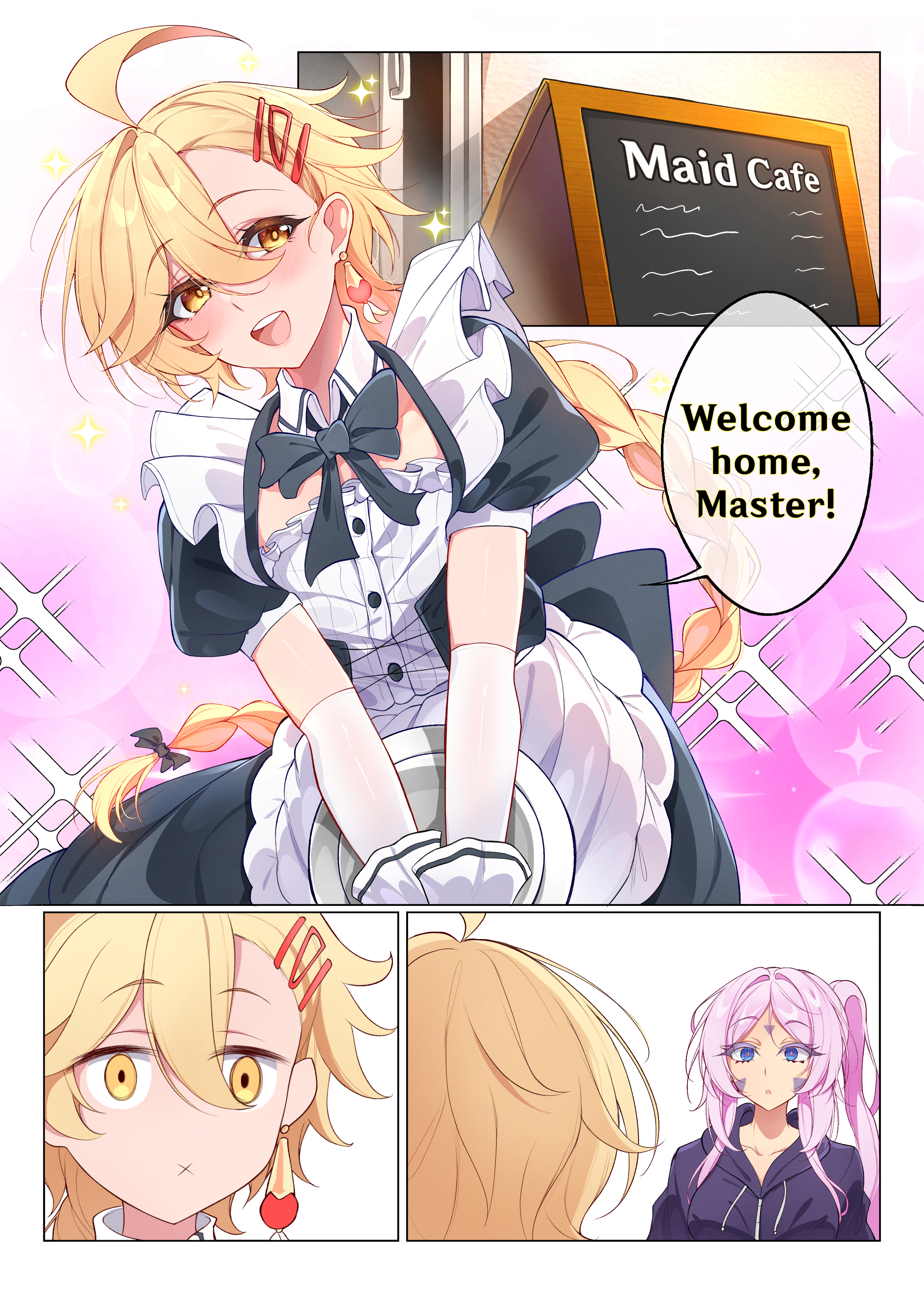 midori (midori13579), aether (genshin impact), citlali (genshin impact), genshin impact, absurdres, commentary, english commentary, highres, 1boy, 1girl, :o, ahoge, alternate costume, apron, black bow, black bowtie, black dress, black jacket, blonde hair, blue eyes, blush, bow, bowtie, braid, braided ponytail, closed mouth, collarbone, crossdressing, crossdressing (mtf), drawstring, dress, earrings, english text, enmaided, facial mark, forehead mark, hair between eyes, holding, holding tray, hood, hood down, hooded jacket, jacket, jewelry, long hair, looking at another, maid, male maid, open mouth, pink pupils, puffy short sleeves, puffy sleeves, short sleeves, single earring, speech bubble, teeth, tray, triangle, triangle facial mark, upper teeth only, very long hair, white apron, x mouth, yellow eyes