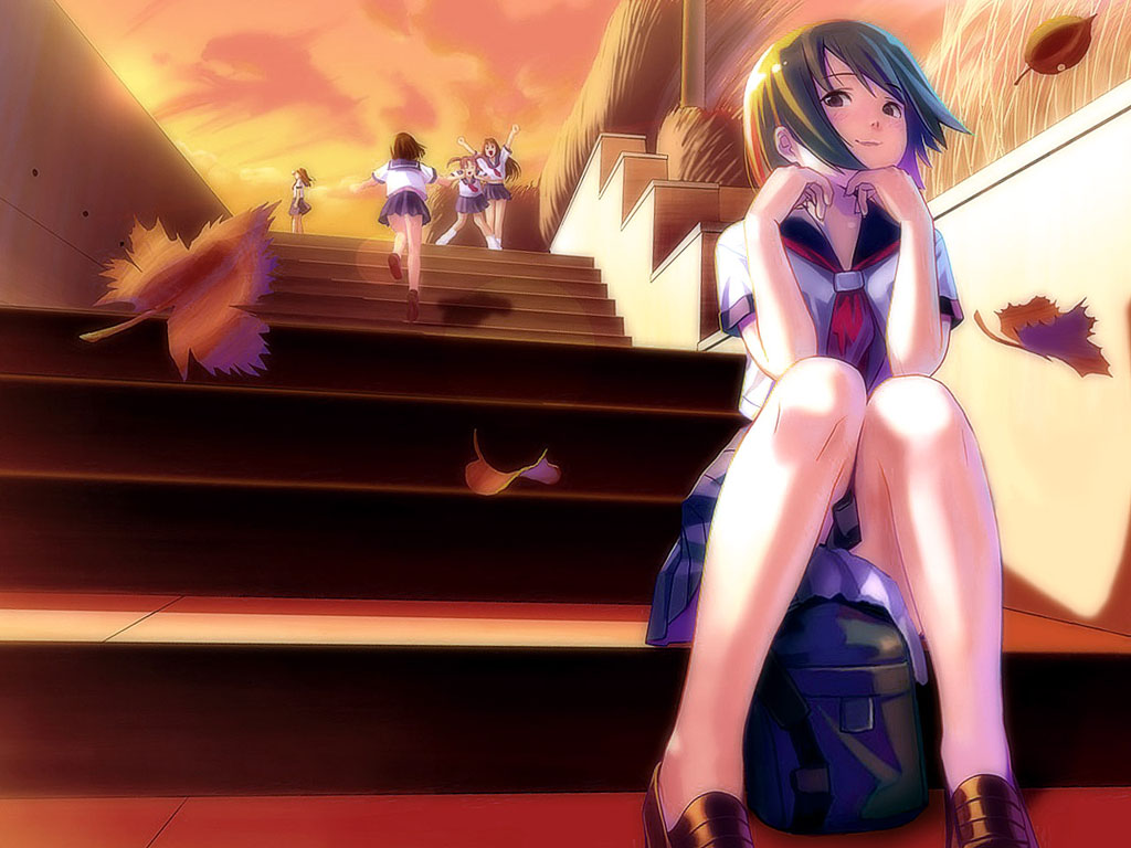 koutaro, original, 5girls, backpack, bag, head rest, leaf, multiple girls, pleated skirt, randoseru, school uniform, serafuku, sitting, sitting on stairs, skirt, stairs, wind