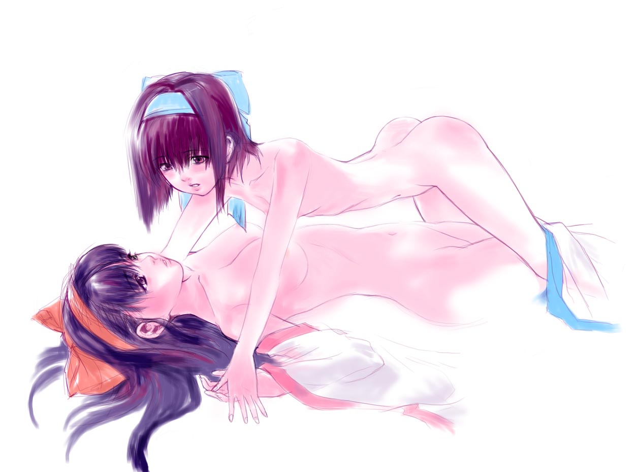 q azieru, nakoruru, rimururu, samurai spirits, traditional media, 2girls, ass, black hair, bow, breasts, completely nude, flat chest, hair bow, hairband, incest, long hair, medium breasts, multiple girls, navel, nude, purple eyes, purple hair, ribbon, short hair, siblings, simple background, sisters, sketch, white background, yuri