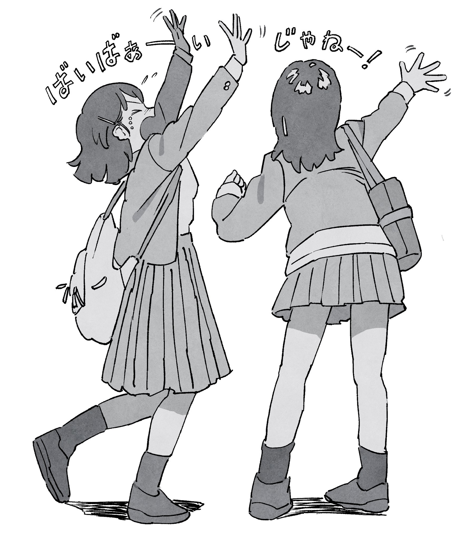 onoconokoko0625, original, highres, 2girls, backpack, bag, full body, greyscale, hair ornament, jacket, kneepits, long sleeves, monochrome, multiple girls, outstretched arms, pleated skirt, school bag, school uniform, shoulder bag, simple background, skirt, socks, standing, white background