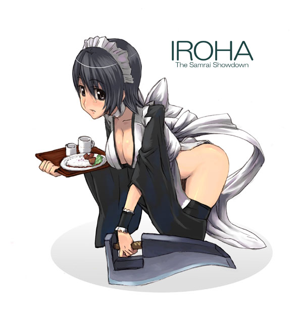 makishima azusa, iroha (samurai spirits), samurai spirits, 1girl, bent over, black eyes, black hair, black thighhighs, blush, breasts, choker, cleavage, female focus, food, japanese clothes, large breasts, maid, maid headdress, ninja, no bra, no panties, plate, short hair, solo, sword, tea, thighhighs, tray, weapon, wrist cuffs