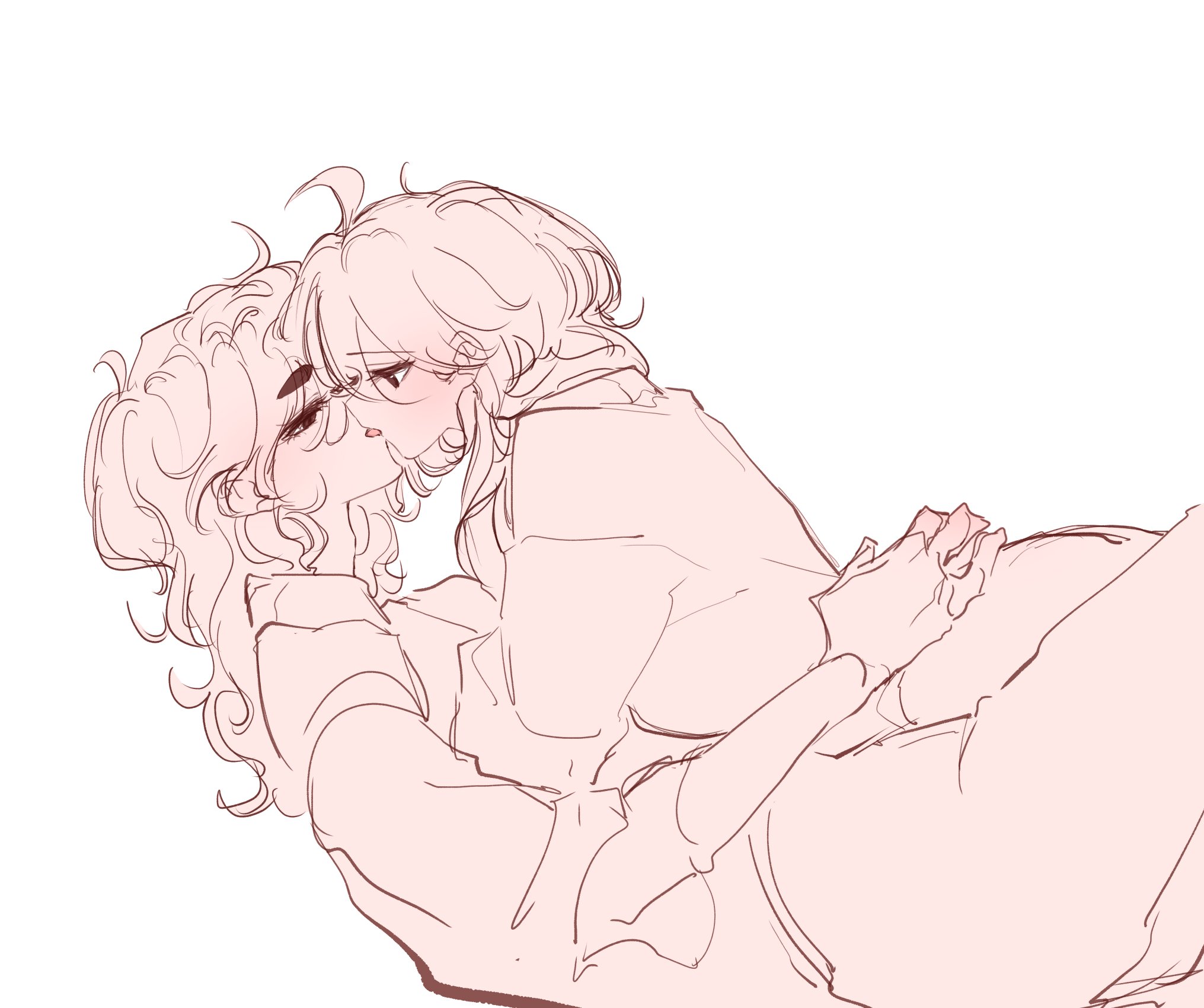 selayiss, miorine rembran, suletta mercury, gundam, gundam suisei no majo, highres, 2girls, ahoge, arm around waist, blush, french kiss, greyscale, kiss, long hair, looking at another, monochrome, multiple girls, thick eyebrows, yuri