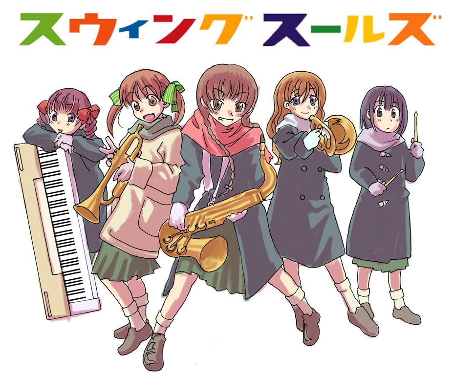fukuzawa yumi, matsudaira touko, nijou noriko, shimazu yoshino, toudou shimako, maria-sama ga miteru, translated, 00s, 5girls, drumsticks, holding instrument, holding saxophone, instrument, keyboard, keyboard (instrument), multiple girls, music, saxophone, scarf, simple background, trombone, trumpet, white background