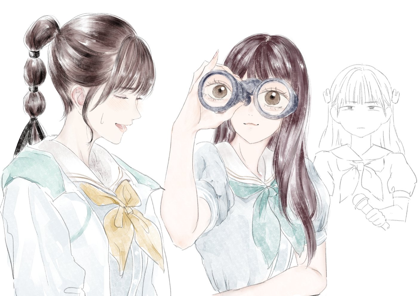 yoruneko yashiro, nirei nozomi, link! like! love live!, love live!, real life, commentary request, 3girls, :3, aqua neckerchief, binoculars, black ribbon, blunt bangs, brown eyes, brown hair, closed mouth, dress, hair ribbon, hair tie, hasu no sora school uniform, holding, holding binoculars, holding microphone, hood, hooded jacket, jacket, kurusu rin, long hair, microphone, miyake miu, multi-tied hair, multiple girls, neckerchief, open clothes, open jacket, open mouth, partially colored, ponytail, puffy short sleeves, puffy sleeves, ribbon, sailor collar, sailor dress, school uniform, short sleeves, sidelocks, simple background, summer uniform, sweatdrop, voice actor, white background, white dress, white jacket, white sailor collar, yellow neckerchief
