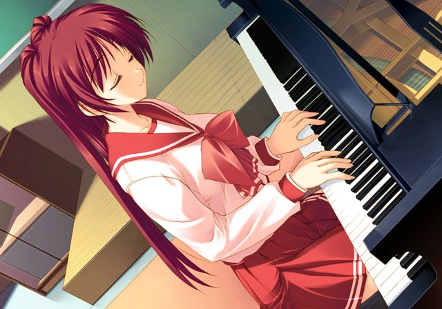 amazuyu tatsuki, kousaka tamaki, to heart (series), to heart 2, game cg, 00s, 1girl, female focus, grand piano, instrument, long hair, music, piano, piano bench, pleated skirt, red hair, school uniform, serafuku, skirt, solo