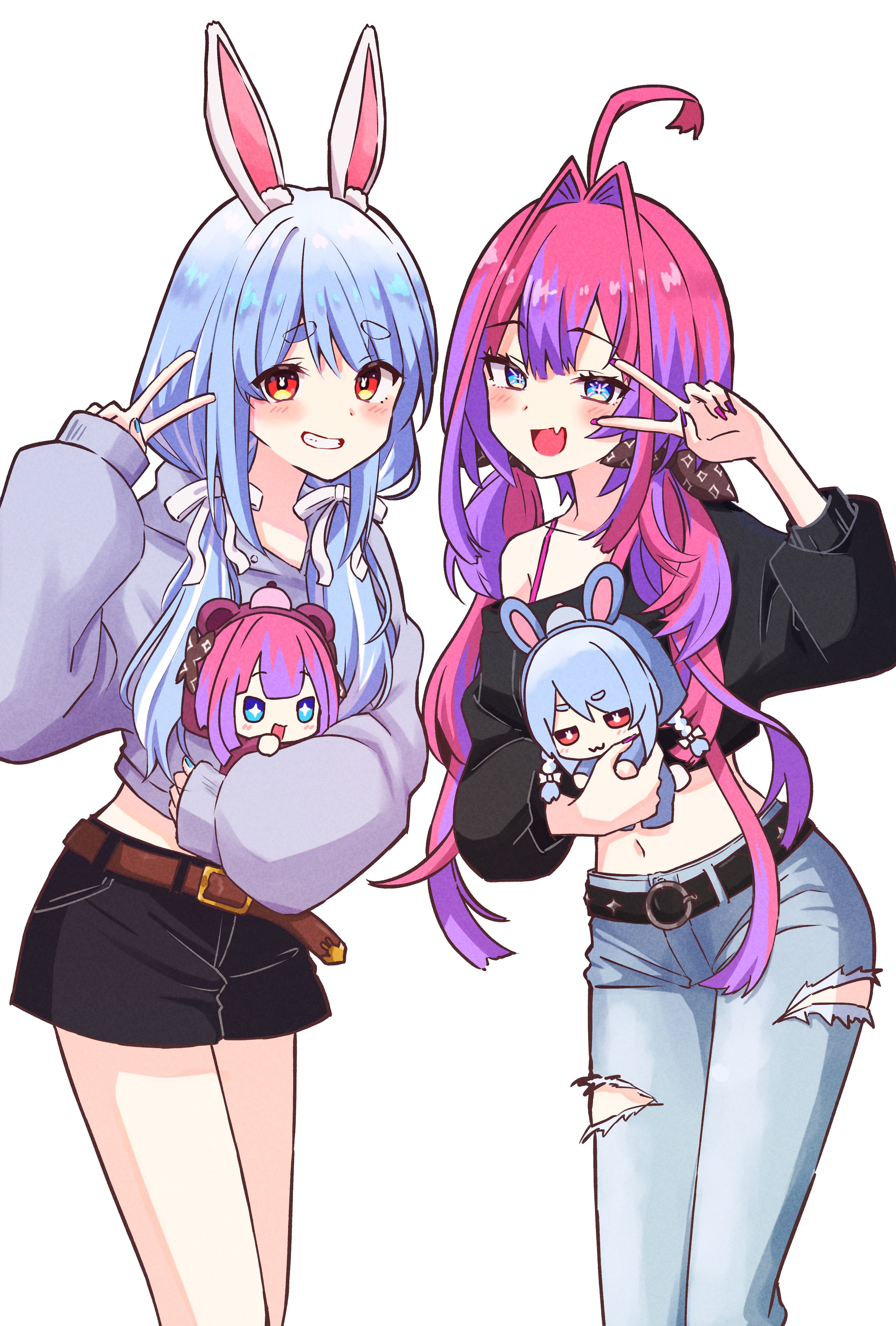 kiritoma, kikirara vivi, usada pekora, hololive, absurdres, commentary request, highres, + +, 2girls, :3, :d, ahoge, animal costume, animal ear fluff, animal ears, bear costume, bear ears, belt, belt buckle, black belt, black shirt, black shorts, blue eyes, blue hair, blue nails, blue pants, blush, bow, brown belt, buckle, chibi, closed mouth, denim, fake animal ears, grin, hair bow, hair intakes, hand up, hood, hood up, jeans, long hair, long sleeves, low twintails, mini person, minigirl, multicolored hair, multiple girls, nail polish, off shoulder, open mouth, pants, pink hair, pink nails, puffy long sleeves, puffy sleeves, purple hair, rabbit-shaped pupils, rabbit ears, red eyes, shirt, short eyebrows, shorts, simple background, sleeves past wrists, smile, streaked hair, symbol-shaped pupils, thick eyebrows, torn clothes, torn pants, twintails, two-tone hair, v, v over eye, very long hair, virtual youtuber, white background, white bow, white hair