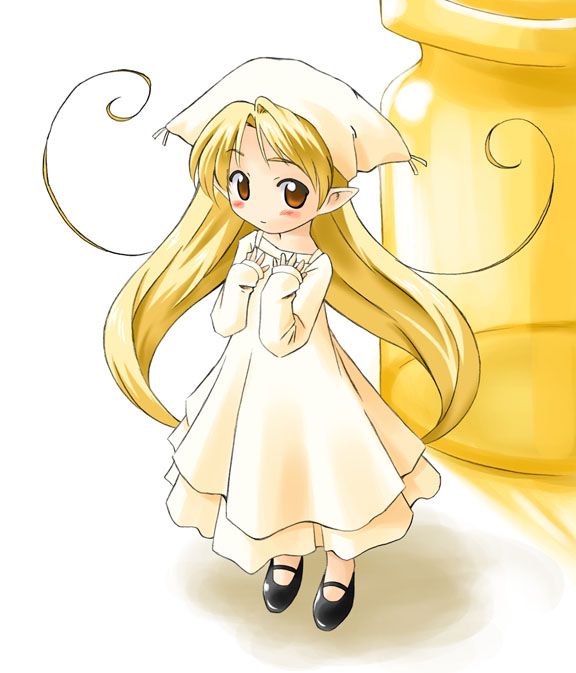 chiriri (binzume yousei), binzume yousei, 00s, 1girl, black shoes, blonde hair, dress, female focus, hair intakes, jar, long hair, mini person, minigirl, pantyhose, shoes, solo, white background, white dress, white pantyhose