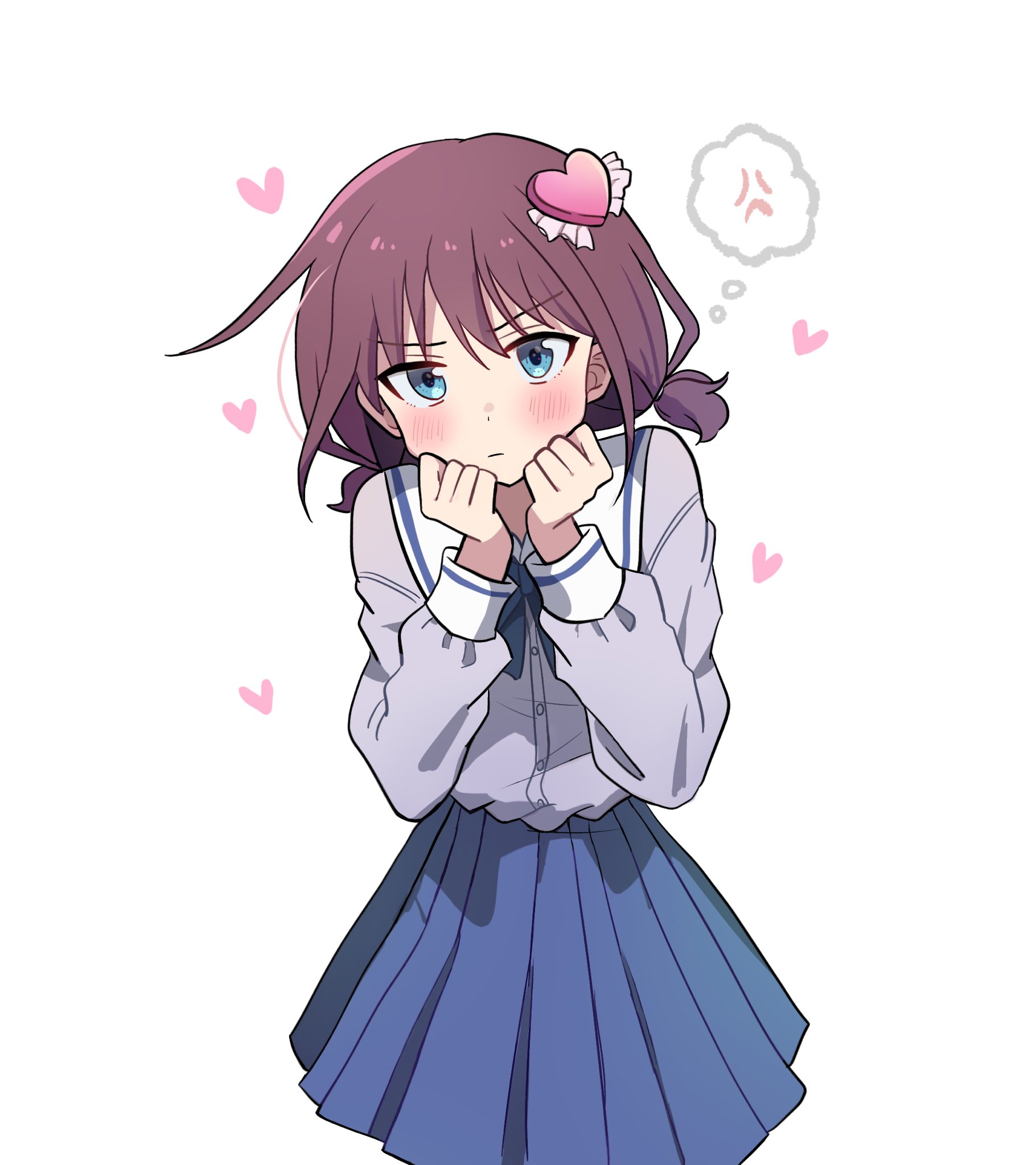 lemoontya, iseri nina, girls band cry, commentary, highres, symbol-only commentary, 1girl, anger vein, blue eyes, blue skirt, blush, closed mouth, hair ornament, heart, heart hair ornament, long sleeves, looking at viewer, pleated skirt, purple shirt, red hair, sailor collar, shirt, short twintails, simple background, skirt, solo, speech bubble, spoken anger vein, thought bubble, twintails, white background, white sailor collar