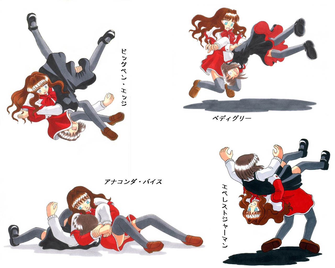 misaka kaori, misaka shiori, kanon, 2girls, anaconda vise, blue eyes, brown hair, facebuster, german suplex, multiple girls, neck crank, pedigree, piledriver (wrestling), red skirt, siblings, simple background, sisters, skirt, socks, suplex, thighhighs, wrestling, zettai ryouiki
