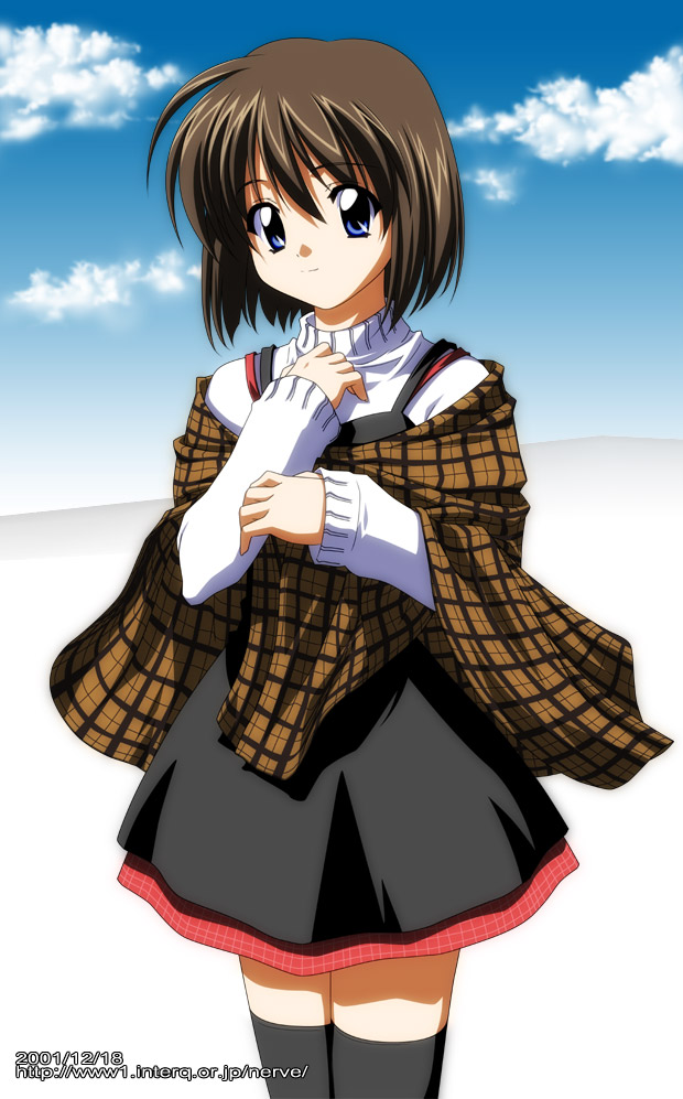 sugimura tomokazu, misaka shiori, kanon, 1girl, black thighhighs, blue eyes, bob cut, brown hair, cloud, dated, female focus, shawl, sky, solo, thighhighs, watermark, web address