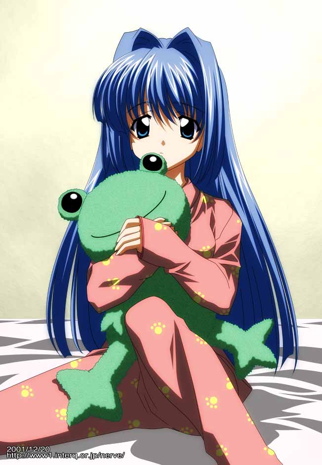 sugimura tomokazu, minase nayuki, kanon, 1girl, bed, blue eyes, blue hair, dated, female focus, frog, long hair, looking at viewer, matching hair/eyes, pajamas, paw print, print pajamas, sitting, solo, stuffed animal, stuffed frog, stuffed toy, watermark, web address