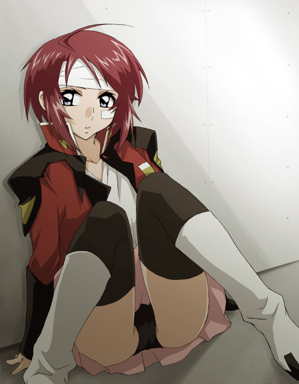 lunamaria hawke, gundam, gundam seed, gundam seed destiny, 00s, 1girl, ahoge, bandages, black panties, boots, cameltoe, female focus, from below, knee boots, panties, pantyshot, red hair, sitting, solo, thighhighs, underwear, upskirt