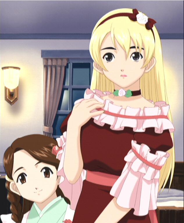 petit mint, taiga shinjirou, yoshino anri, sakura taisen, sakura taisen v, sega, anime screenshot, 00s, 1boy, 1girl, bromide, crossdressing, trap