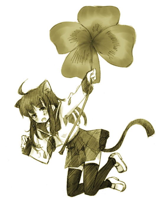 nagisa honoka, original, 1girl, ahoge, animal ears, cat ears, cat tail, clover, female focus, floating, four-leaf clover, monochrome, pleated skirt, school uniform, serafuku, skirt, solo, tail, thighhighs