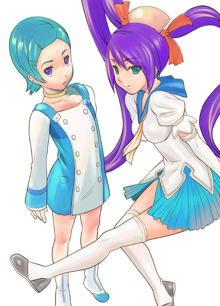 sakurafubuki nel, eureka (eureka seven), reco, cave (developer), eureka seven, eureka seven (series), mushihime-sama, white footwear, 2girls, :o, aqua hair, blue eyes, blue sailor collar, blue skirt, boots, crossover, dress, flat chest, hair ornament, hair ribbon, hairclip, impossible clothes, impossible shirt, jewelry, leg up, legs, long hair, long sleeves, multiple girls, necklace, open mouth, parody, pleated skirt, purple eyes, purple hair, ribbon, sailor collar, school uniform, serafuku, shirt, shoes, short dress, simple background, skirt, smile, standing, thighhighs, twintails, very long hair, white thighhighs, zettai ryouiki