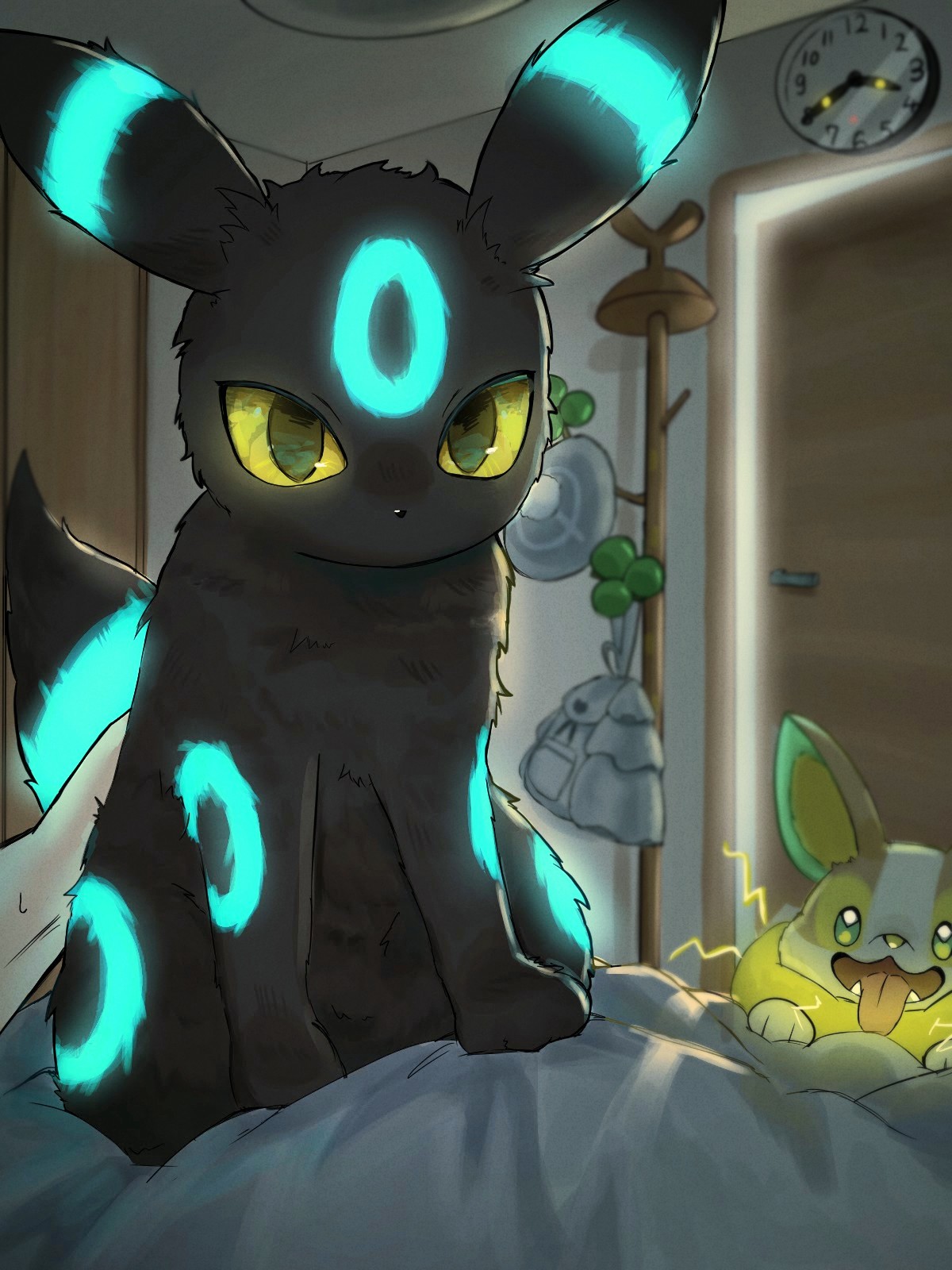 namekuj1hey, umbreon, yamper, nintendo, pokemon, highres, alternate color, bed, black eyes, clock, coat rack, colored sclera, door, electricity, gen 2 pokemon, gen 8 pokemon, glowing, glowing eyes, green eyes, indoors, pokemon (creature), shiny pokemon, tongue, tongue out, yellow sclera