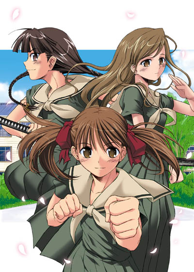 shido daisuke, fukuzawa yumi, shimazu yoshino, toudou shimako, maria-sama ga miteru, 00s, 3girls, brown eyes, brown hair, clenched hands, katana, multiple girls, petals, pleated skirt, school uniform, serafuku, skirt, sword, weapon