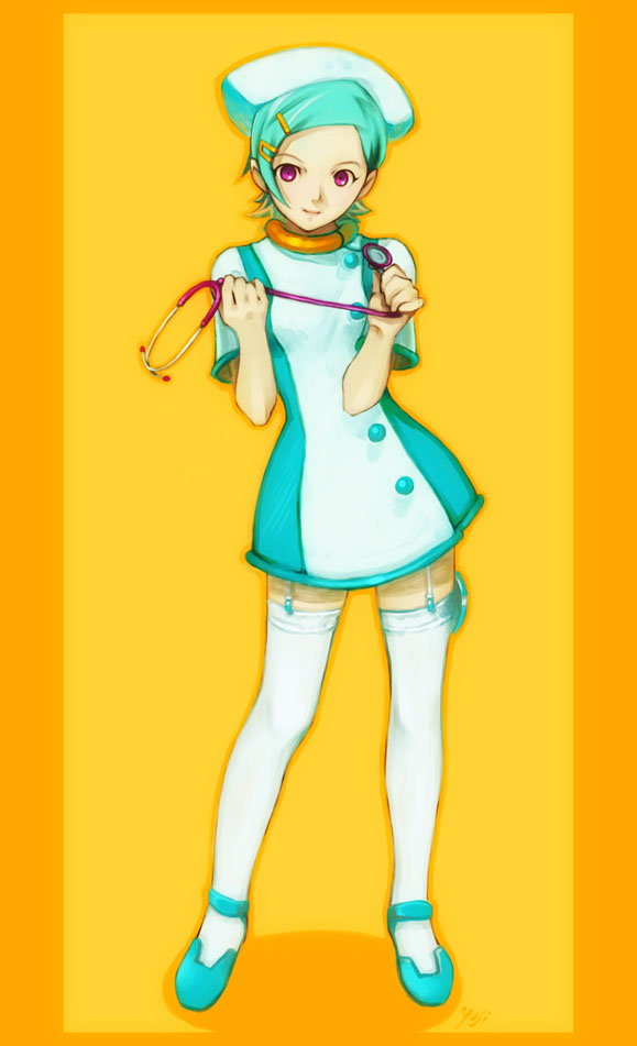 kobayashi yuji, eureka (eureka seven), eureka seven, eureka seven (series), eyebrows, 00s, 1girl, aqua hair, aqua shoes, artist name, bare arms, breasts, choker, closed mouth, collar, female focus, full body, garter belt, hair ornament, hairclip, hat, jewelry, lips, looking at viewer, neck ring, nose, nurse, nurse cap, purple eyes, shoes, short hair, short sleeves, simple background, smile, solo, standing, stethoscope, swept bangs, thigh strap, thighhighs, white thighhighs, zettai ryouiki