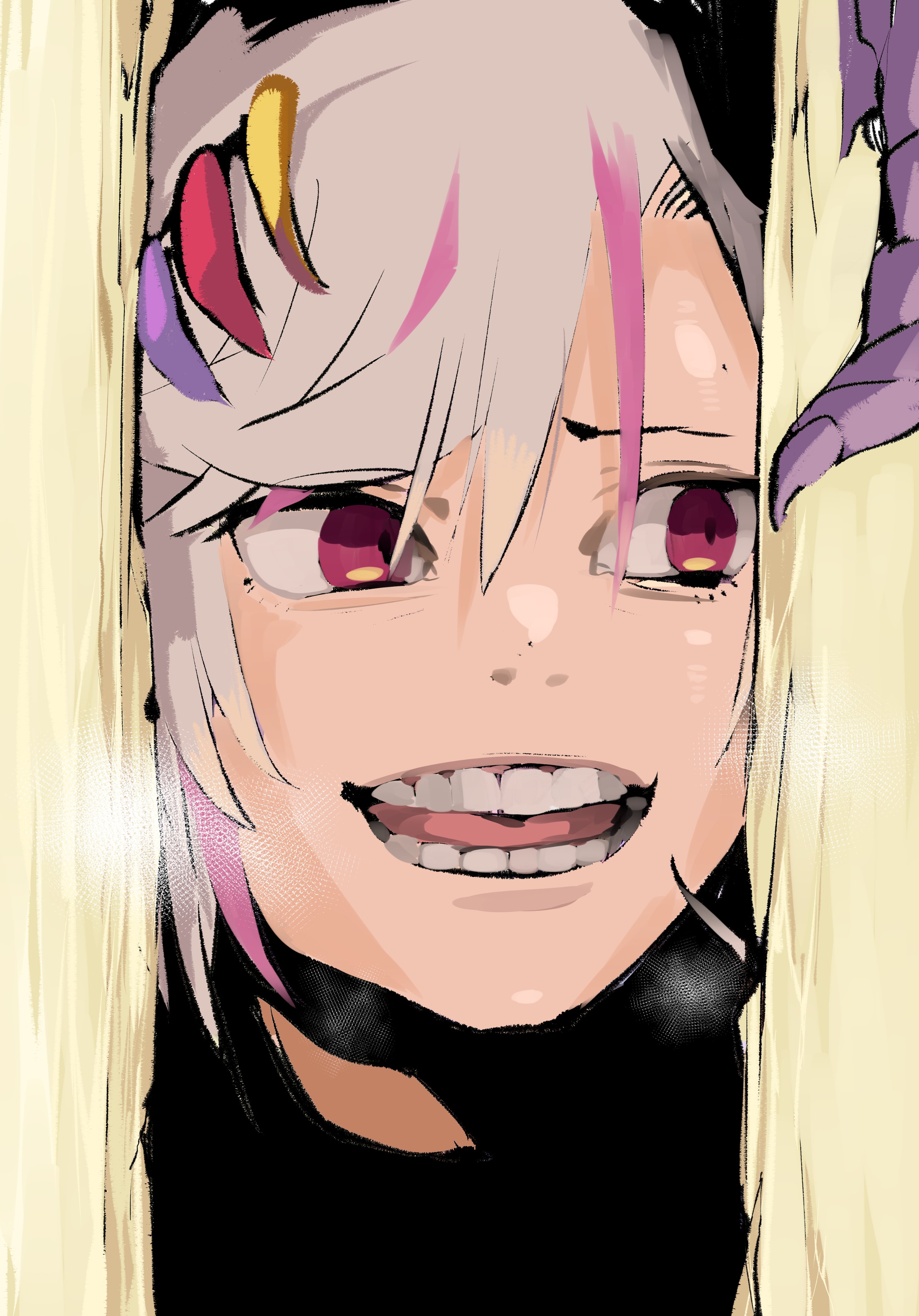 satou daiji, tsuzura amo, twitter, 1girl, close-up, door, grey hair, here's johnny! (meme), horns, looking at another, multicolored hair, pink hair, solo, two-tone hair, virtual youtuber