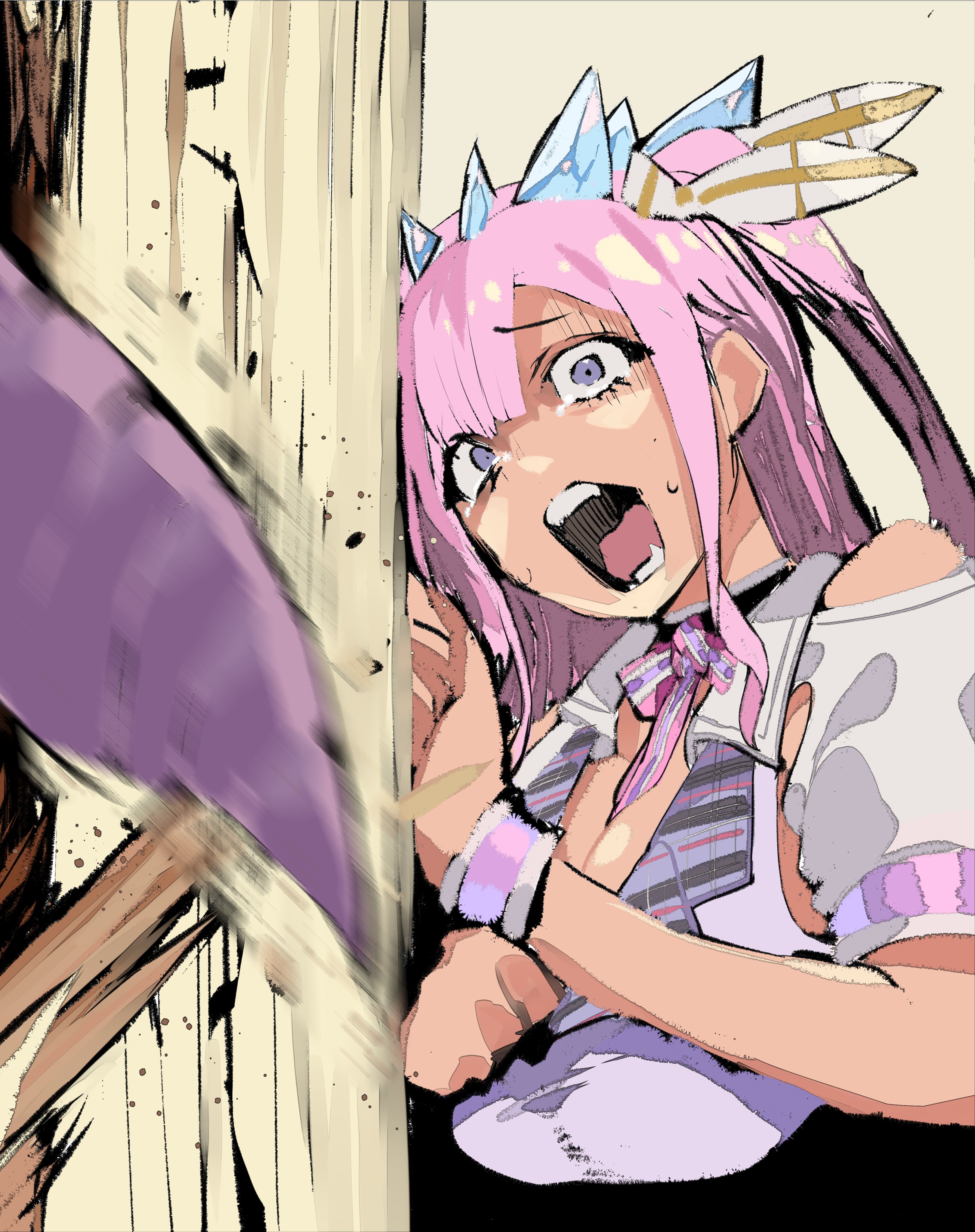 satou daiji, otoha rilly, twitter, 2girls, axe, breasts, door, here's johnny! (meme), large breasts, multiple girls, open mouth, pink hair, twintails, virtual youtuber
