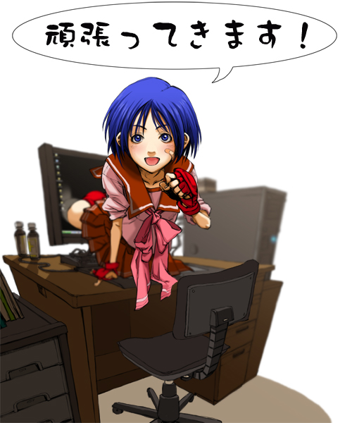 tomohi, matsubara aoi, to heart, to heart (series), 1girl, bandaid, bandaid on face, blue hair, bow, chair, computer, computer keyboard, female focus, foreshortening, office chair, pink bow, school uniform, serafuku, solo, speech bubble, swivel chair, through medium, through screen, white background