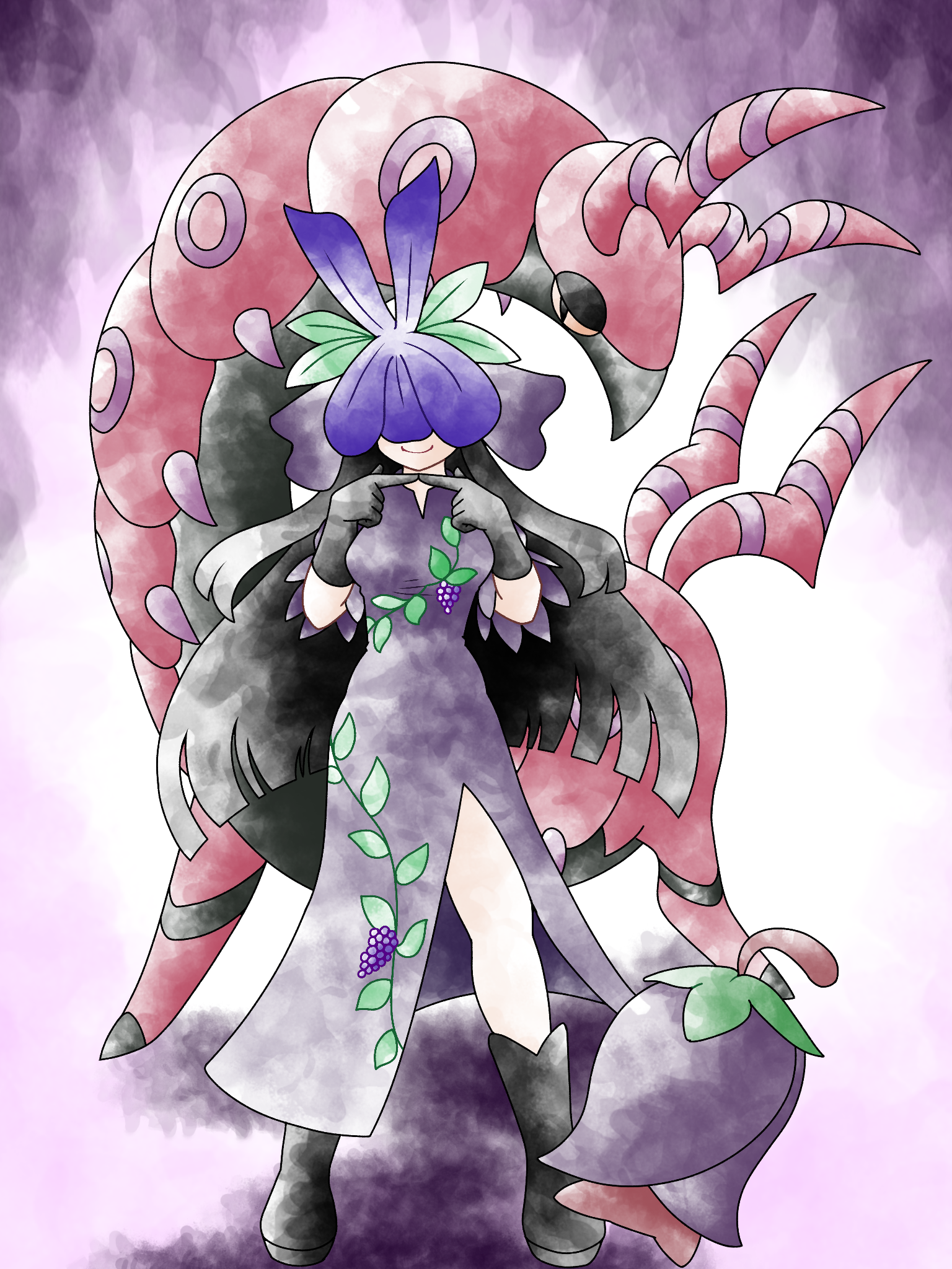 greatmothsucks, cherrim, cherrim (overcast), scolipede, yomotsu hisami, nintendo, pokemon, touhou, highres, 1girl, black boots, black dress, black gloves, black hair, boots, china dress, chinese clothes, crossover, dress, finger touching, flower, flower on head, full body, gen 4 pokemon, gen 5 pokemon, gloves, long hair, pokemon (creature), standing, sugimori ken (style), vine print
