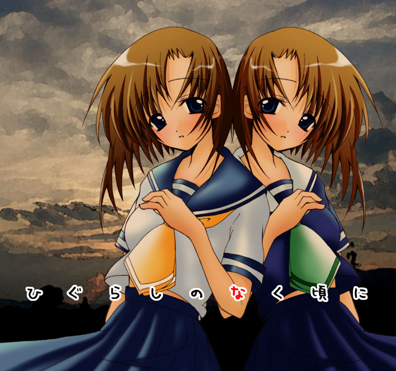 sakamoto yugi, ryuuguu rena, higurashi no naku koro ni, 00s, blue eyes, brown hair, clone, pleated skirt, school uniform, serafuku, skirt